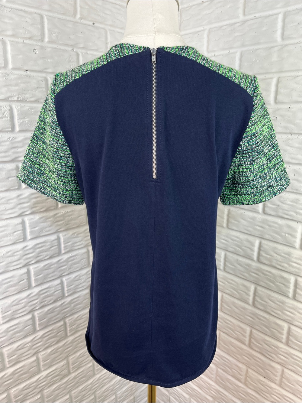J.CREW TOP WITH TWEED SHOULDERS WOOL SILK BLEND MAVY GREEN SILVER SZ MED - Picture 6 of 14